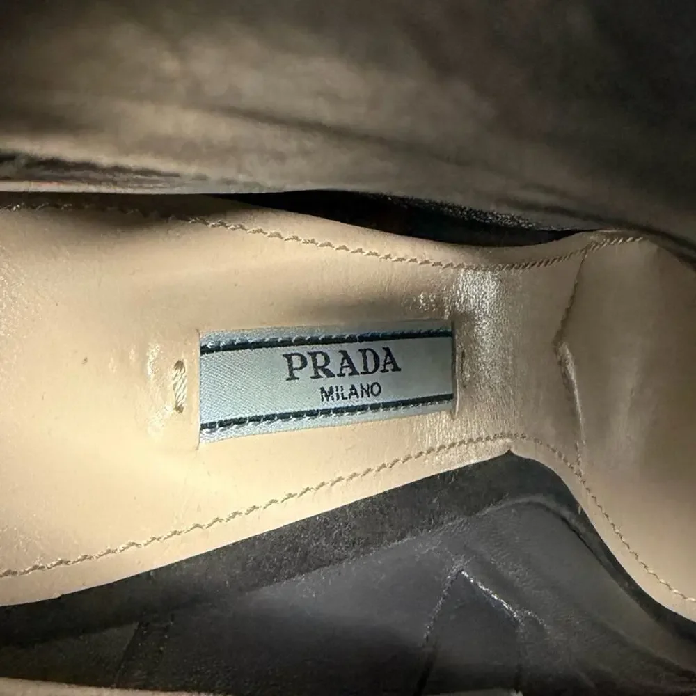 Prada Suede Peep Toe Lace Up Block Heel Boots Womens Size EU 40